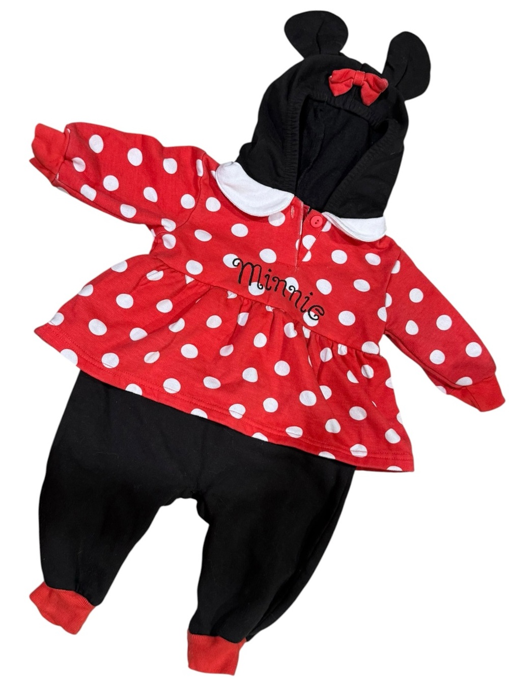 Vintage Disney Minnie Mouse Hooded Romper Baby Costume Outfit Red Polka Dot